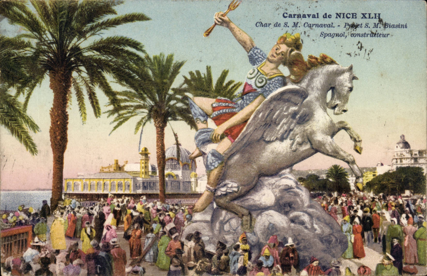 Nice CPA Carnaval de Nice XLII Cahr de SM Carnaval Prjet SM Biasini Spagnol constructeur (cheval horse geant giant)