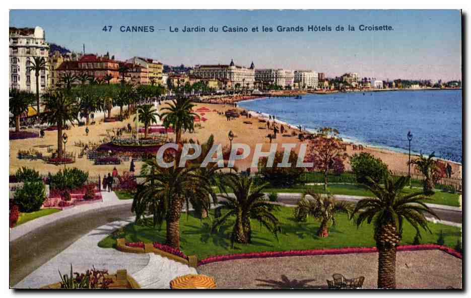Cannes CPA Le jardin du casino et les grands hotels de la CRoisette