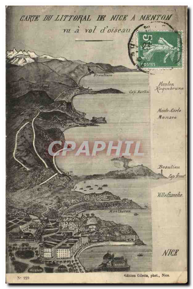 Menton CPA CArte du littoral de Nice a Menton