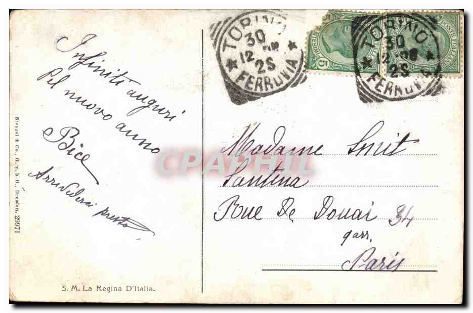 Reine d'Italie — Portrait en robe de dentelle — éditeur S. M. La Regina D'Italia — Verso