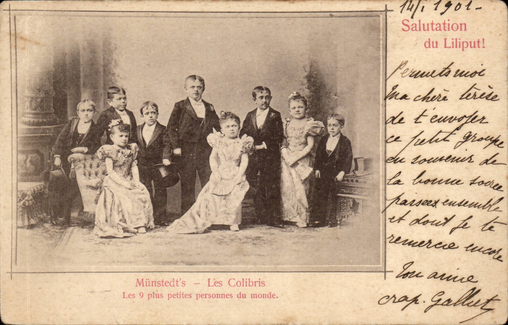 CPA Munsted's Les colibris Les 9 plus petites personnes du monde (nains dwarf) Liliput (folklore monstre)