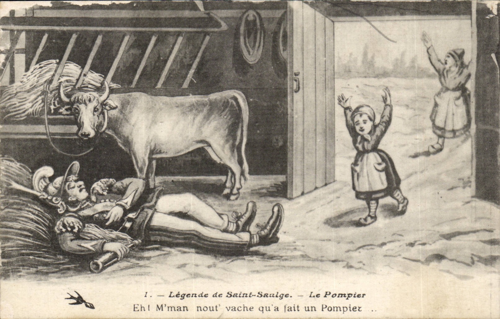 Fantaisie - Enfant - Legende de Saint Saulge - Le Pompier - Maman nout vache qu'a fait un Pompier - cow - CPA 