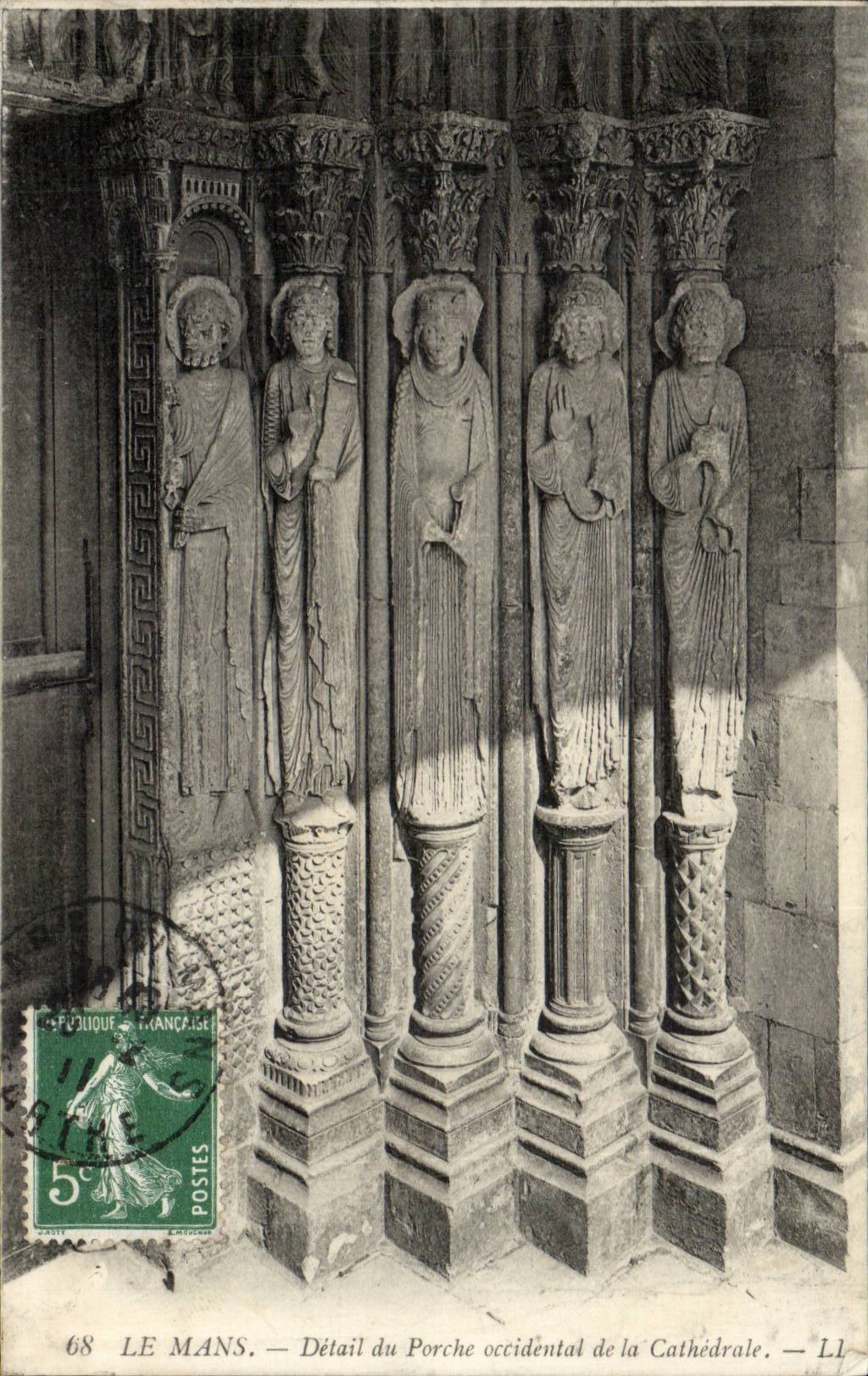 Le Mans — Détail du Porche occidental de la Cathédrale — Éditeur F. J. Mancaise, n° 68