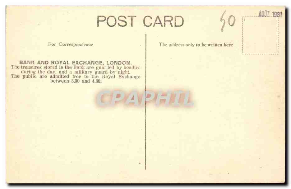 Grande Bretagne Great Britain CPA London Londres Bank and Royal Exchange  — Rückseite