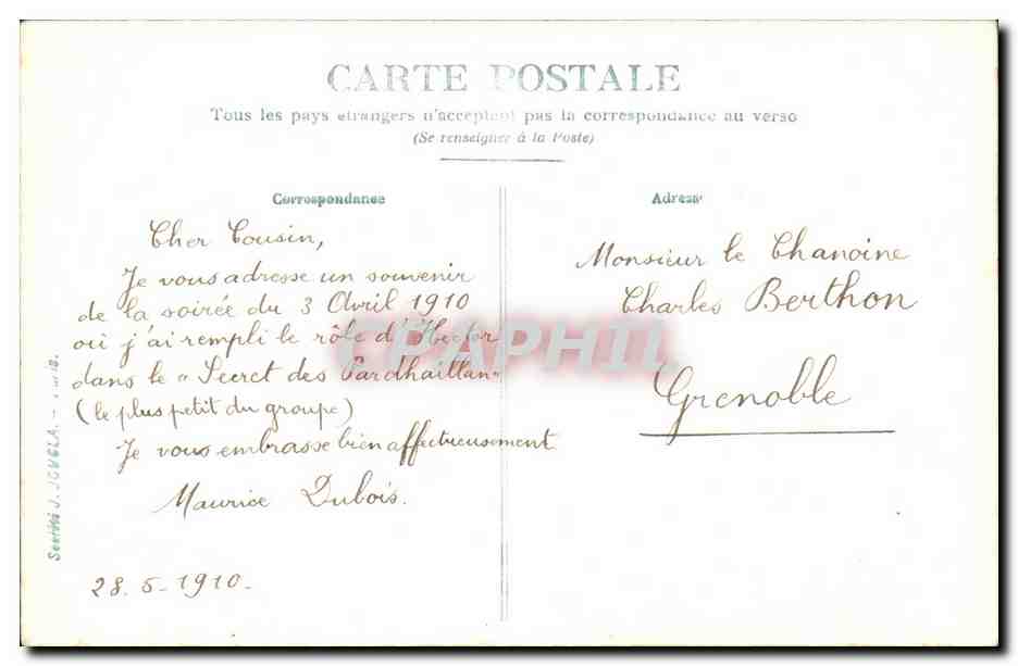 CARTE PHOTO Spectacle Theatre 3 avril 1910 Hector Secret des Pardhaillan Maurice Dubois a Charles Berthon Grenoble — Verso