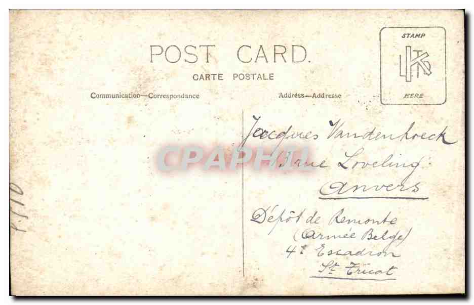 CARTE PHOTO Homme dest Jacques Vandenkoeck rue Loveling Anvers depot de Remonte (armee belge) 4eme escadron St Tricat — Rückseite
