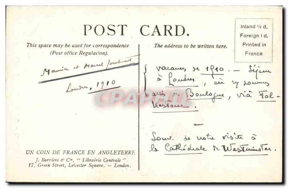 Angleterre - England - London - Londres - Westminster Cathedral - 1910 - CPA  — Back