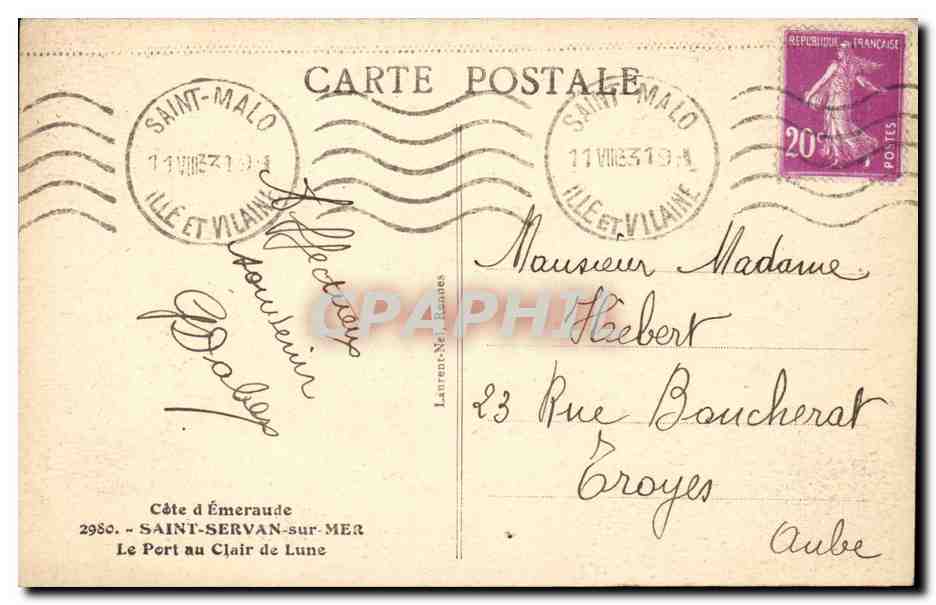 Le Port au Clair de Lune — Saint-Servan-sur-Mer — Éditeur Laurent-Né-Rennes, n°2980 — Rückseite