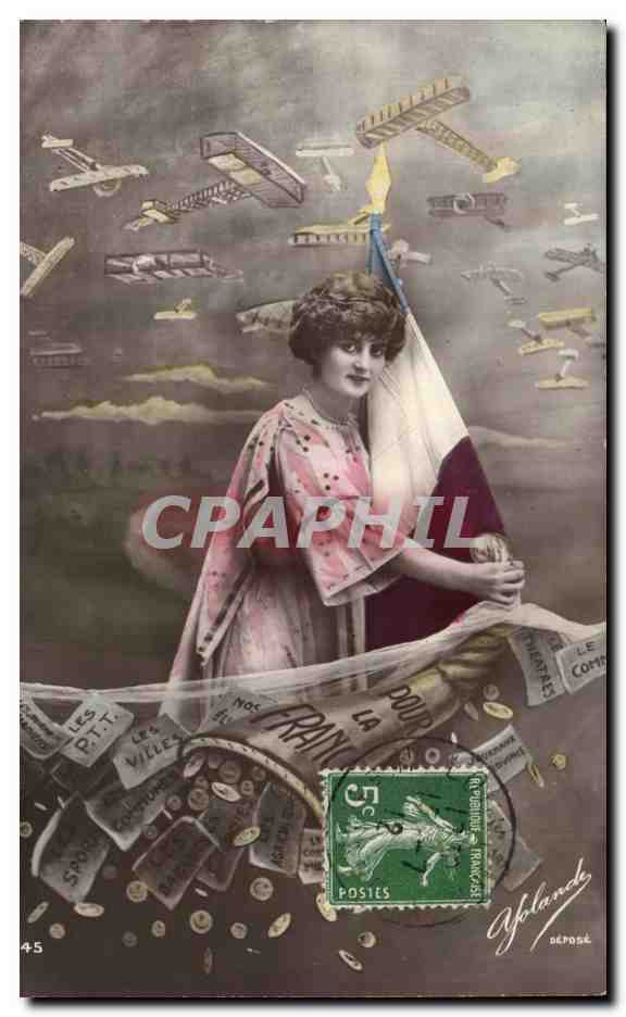 Souscription nationale pour l'aviation — Femme tenant drapeau français — éditeur Yblande, n°45