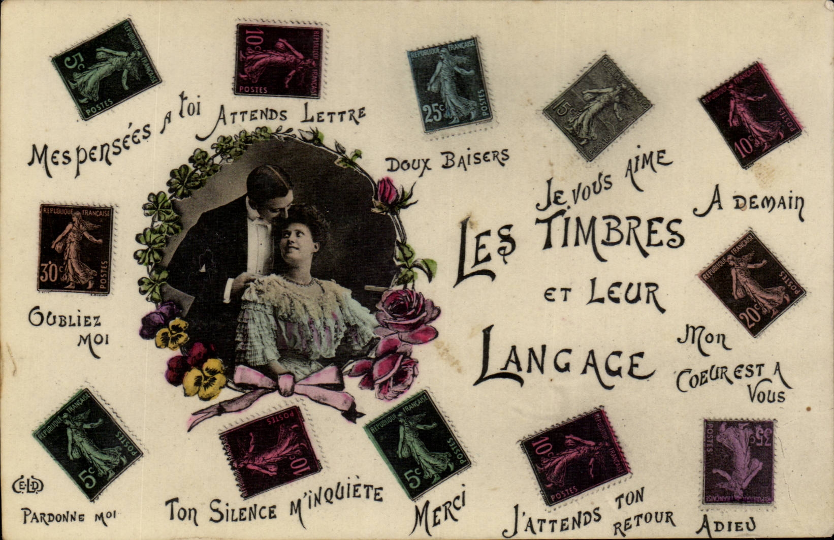 CPA Fantaisie Les timbres et leur langage Semeuse philatelie stamp