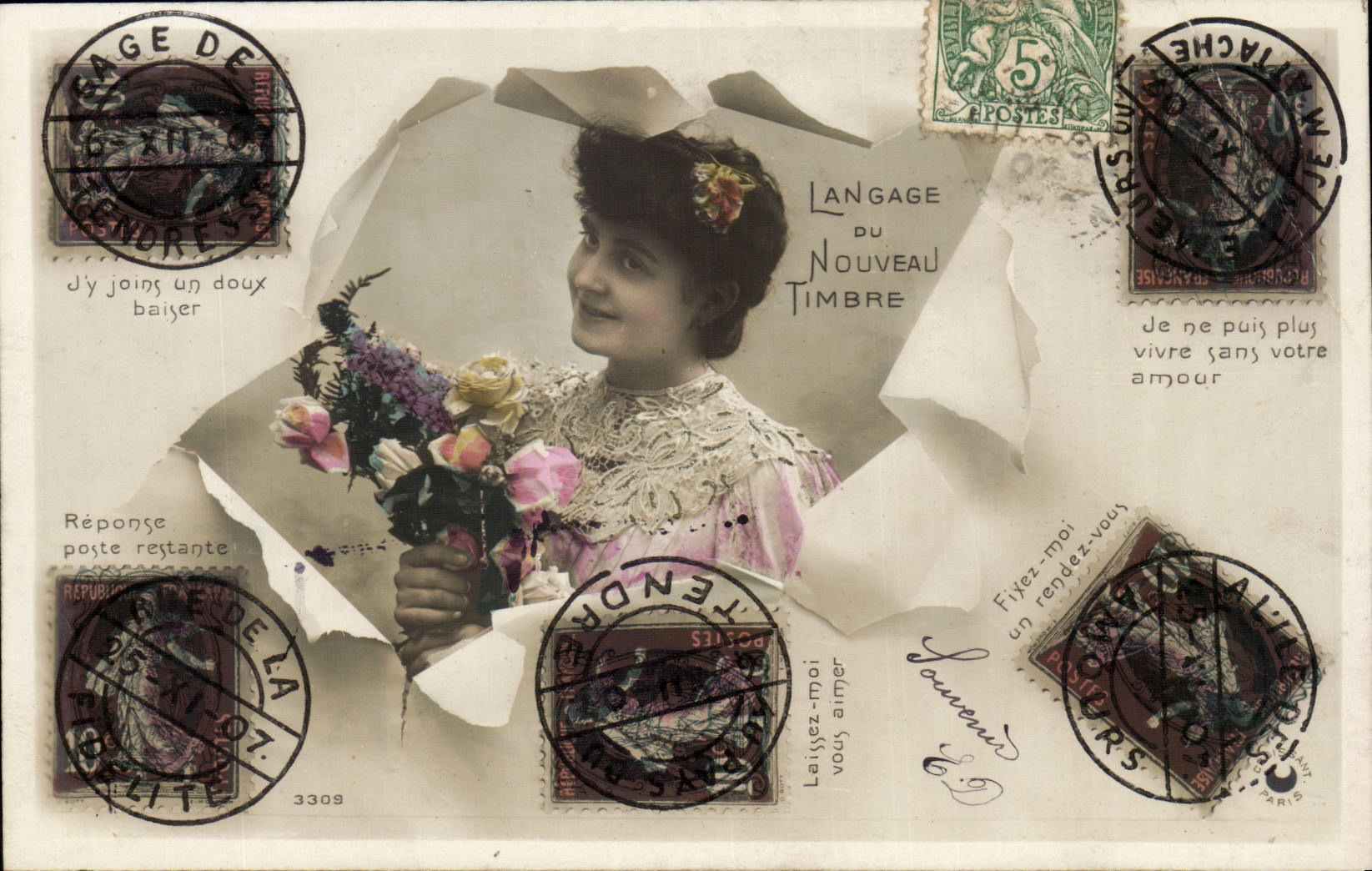 CPA Fantaisie Femme Le langage du nouveau timbre Semeuse