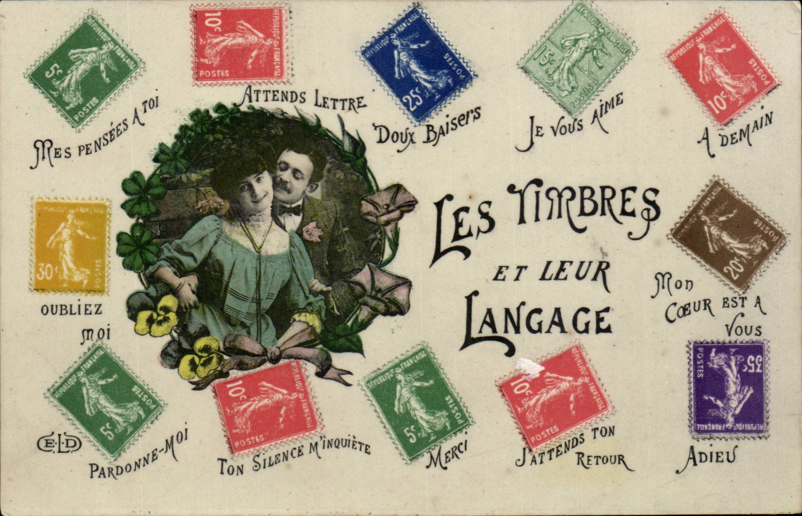 CPA Fantaisie Femme Le langage des timbres Semeuse