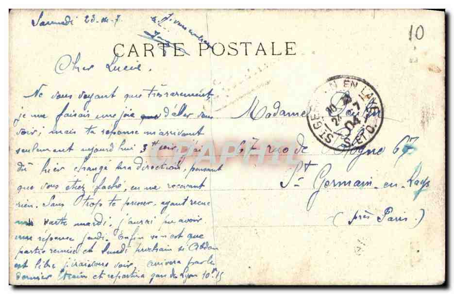 Femme en robe fleurie tenant des fleurs — Montaigu & Loiret — éditeur non visible — Verso