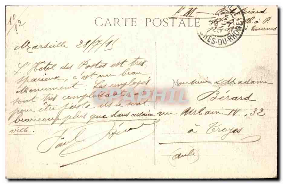 Marseille CPA Hotel des Postes (rue Colbert) — Verso