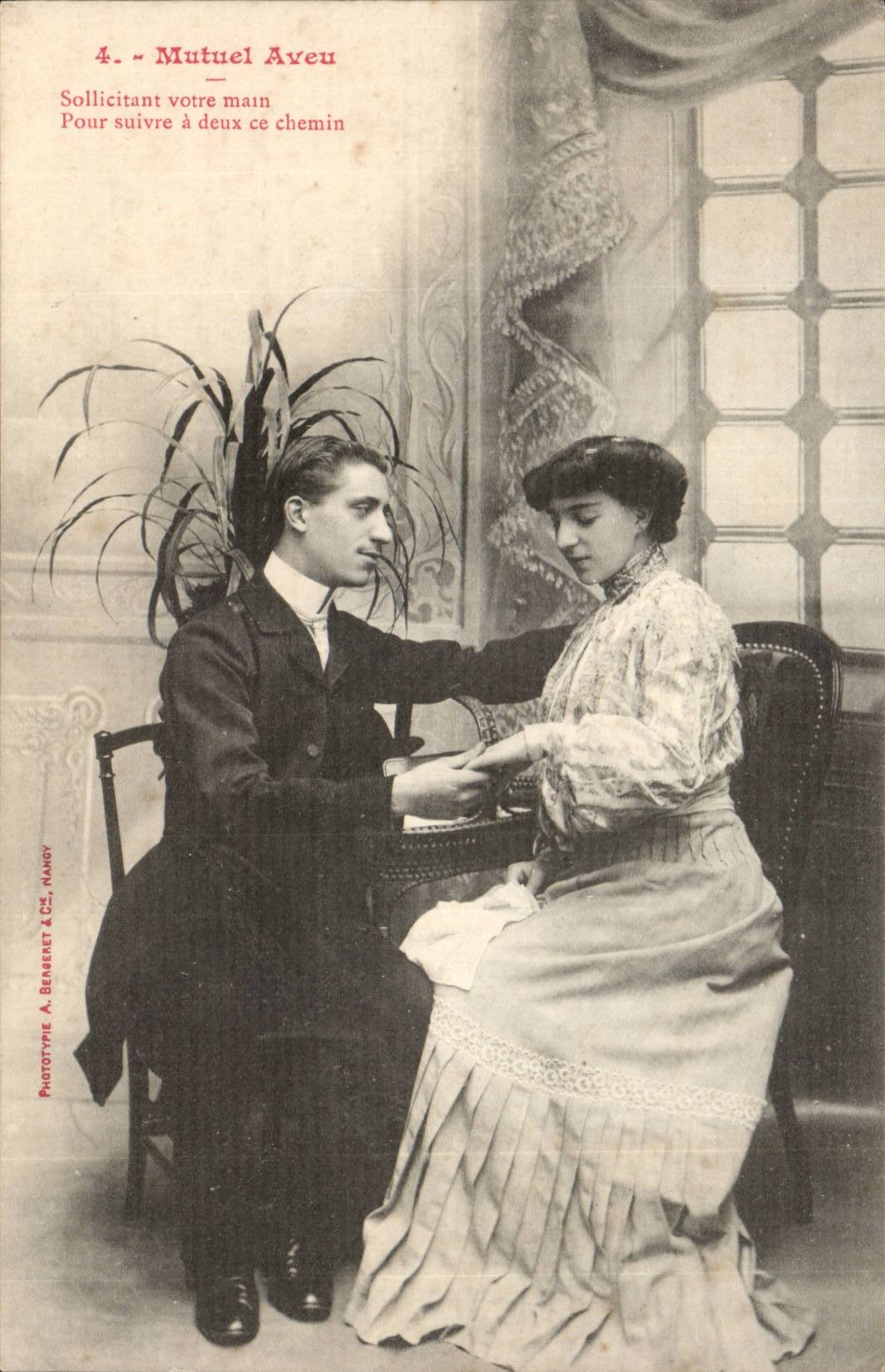 Jeune couple en scène amoureuse — Mutuel Aveu — Phototype A. Benenert & Cie, Nancy
