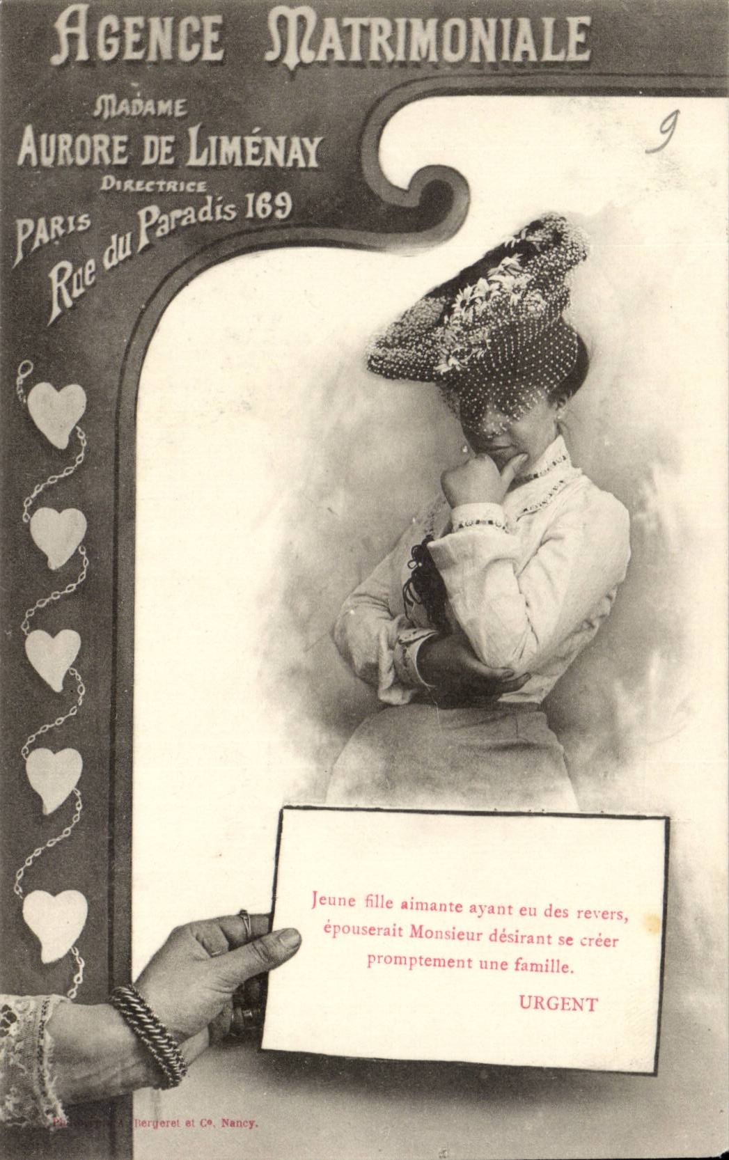 Agence Matrimoniale — Madame Aurore de Liménay, Directrice, Paris Rue du Paradis 169