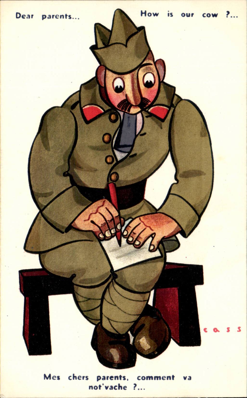 CPA Illustrateur Cass MEs chers parents comment va not vache ? (militaria soldat) 