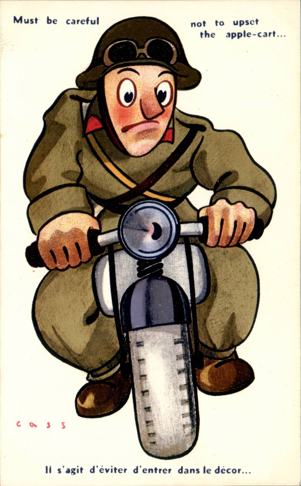 CPA Illustrateur Cass Il s'agit d'eviter d'entrer dans le decor (militaria soldat moto motocyclette) 
