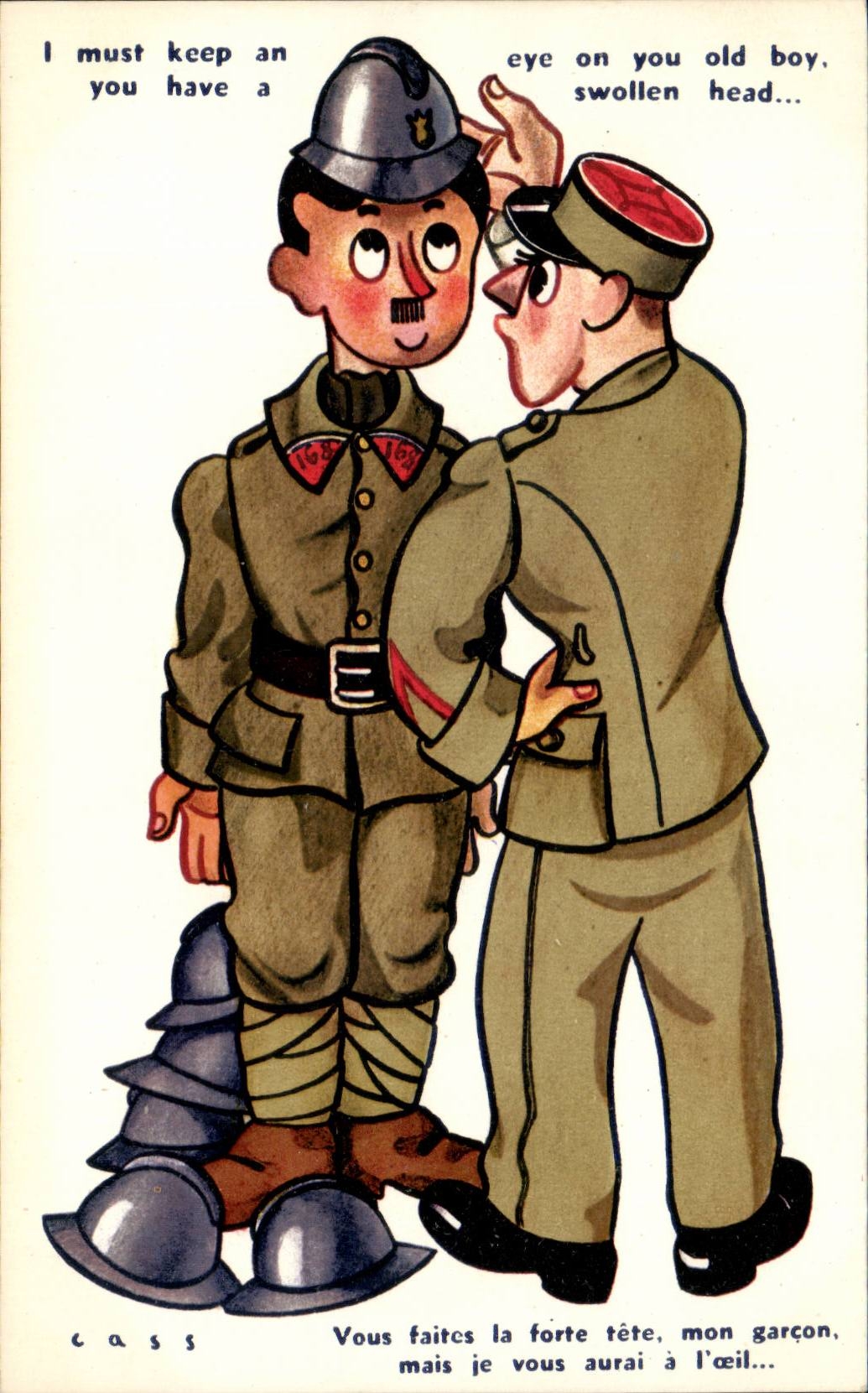 CPA Illustrateur Cass Vous faites la forte tete mon garcon mais je vous aurai a l'oeil (militaria soldat) 