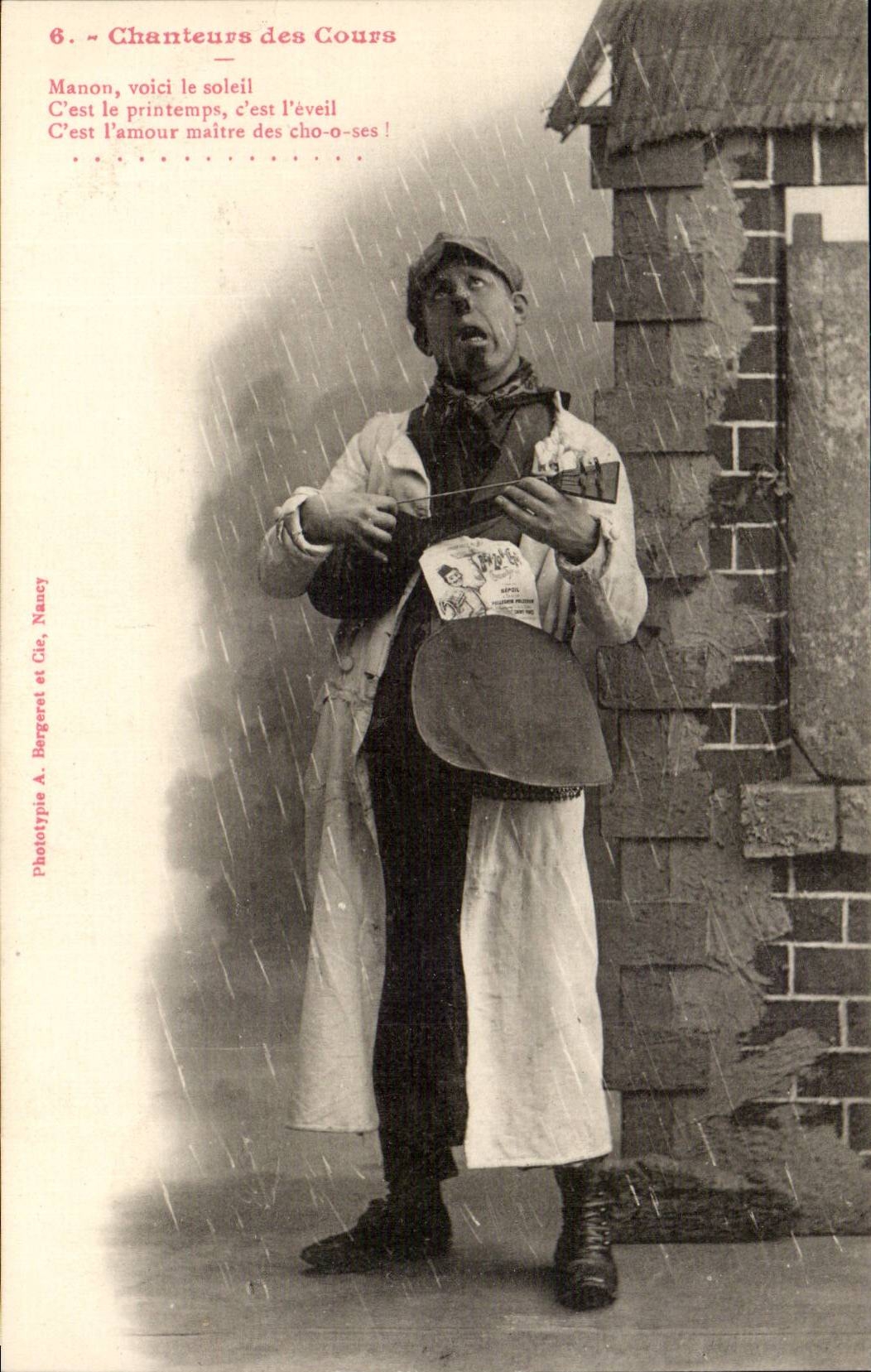 Chanteurs des Cours — Chanteur sous la pluie — Phototypie A. Bergeret et Cie, Nancy