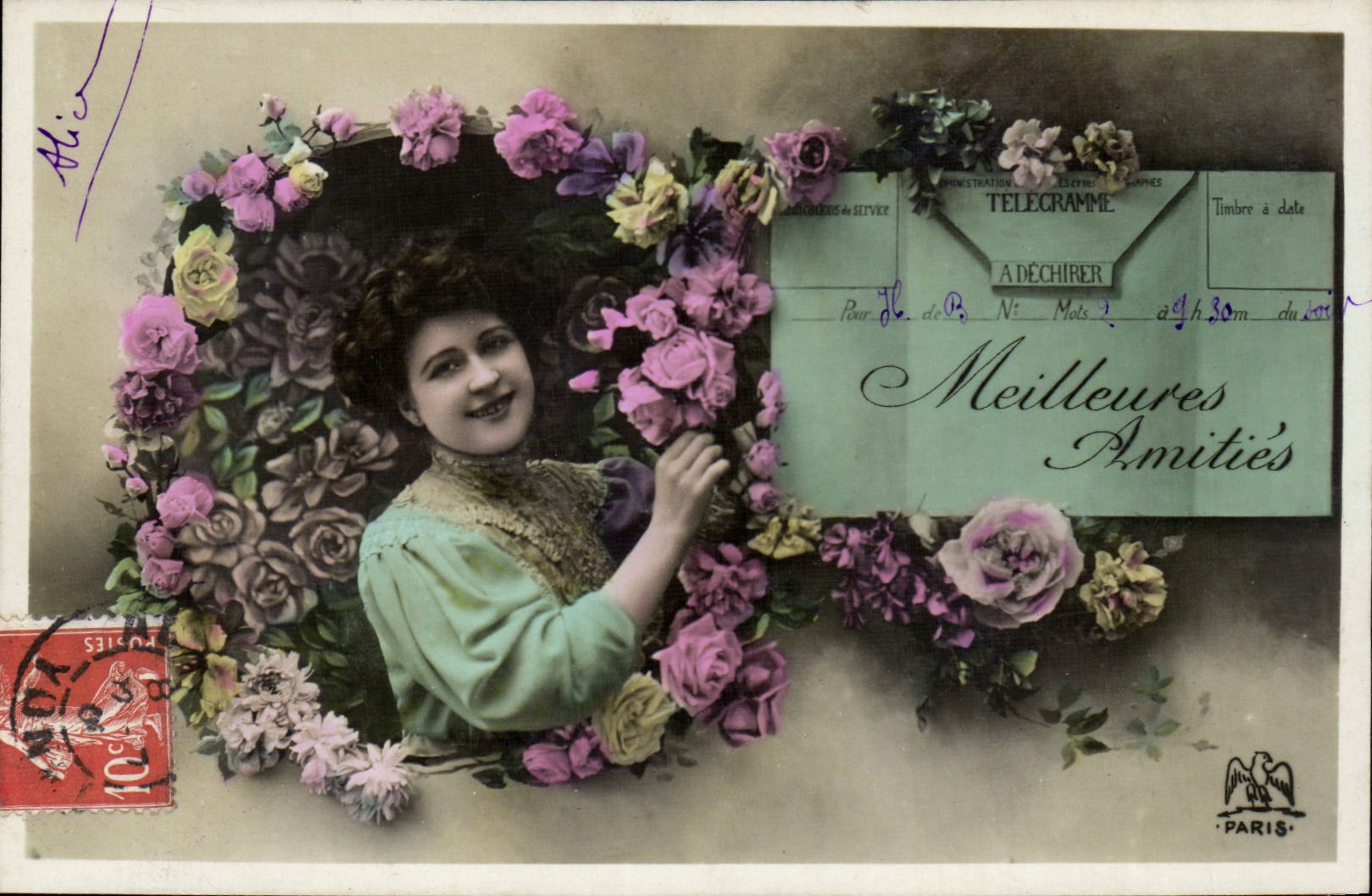 Smiling woman in a floral frame — telegram card — Paris