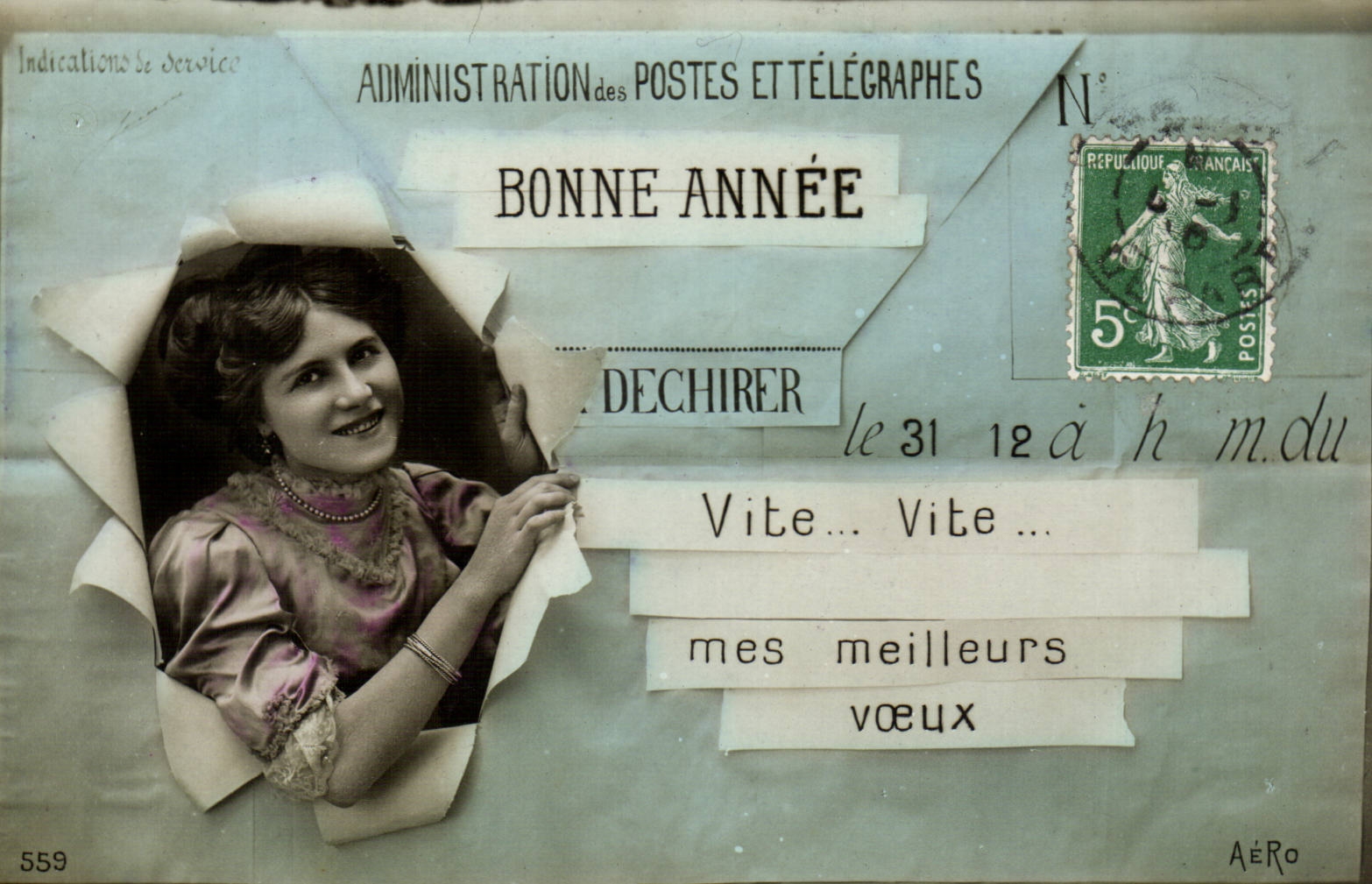 Femme souriante — carte de vœux de l'Administration des Postes et Télégraphes — N° 559