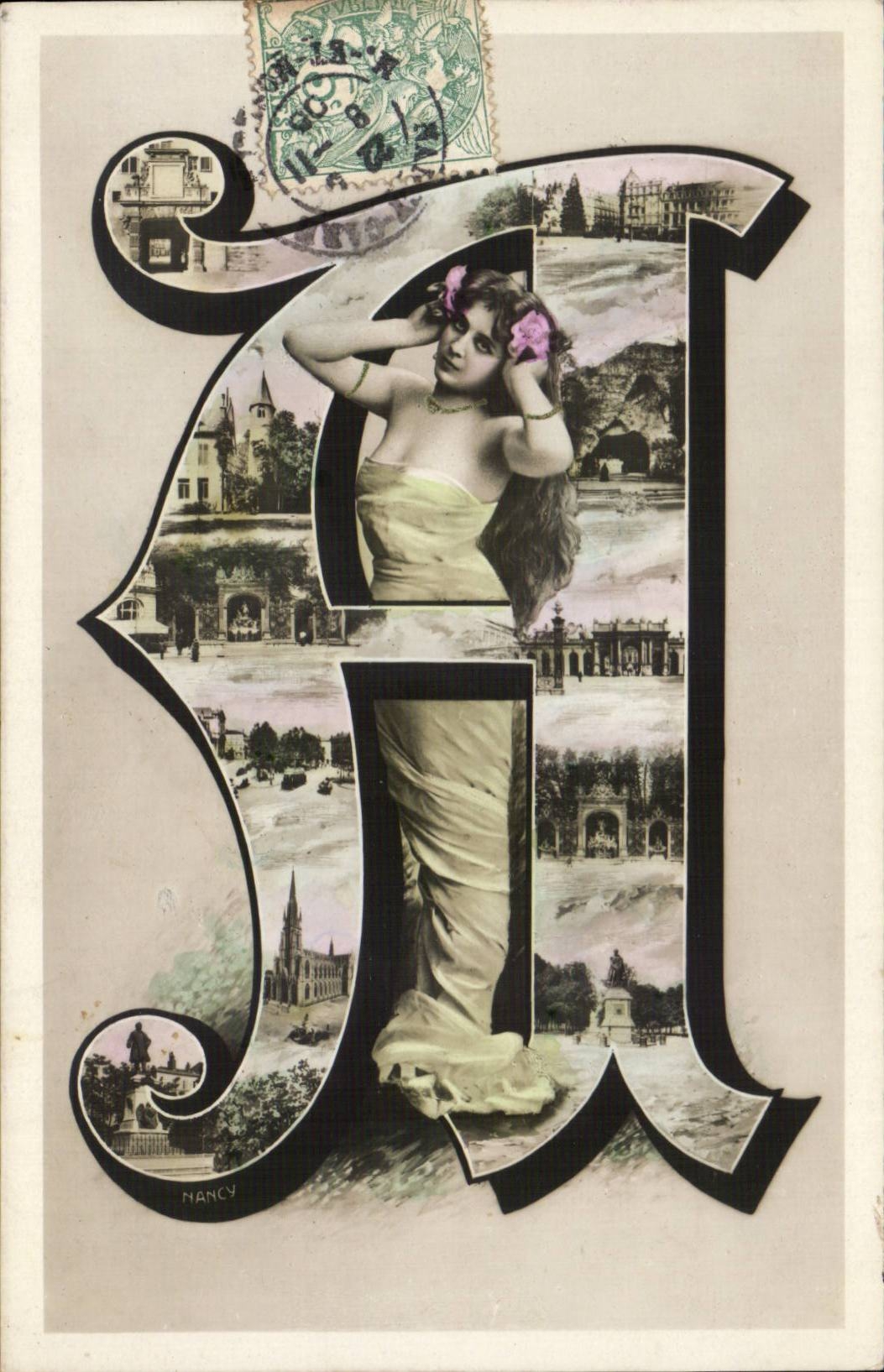 Nancy — vue panoramique et femme en robe jaune — éditeur inconnu, n° de série non visible