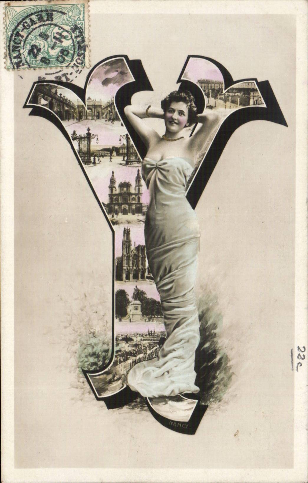 Nancy — Lettre Y stylisée avec femme et paysages — éditeur 'Nancy' n°222