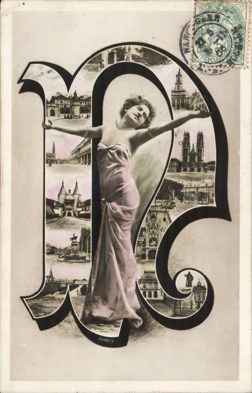 Nancy — femme dans une grande lettre ornée de vues de la ville — éditeur inconnu, n° de série non visible