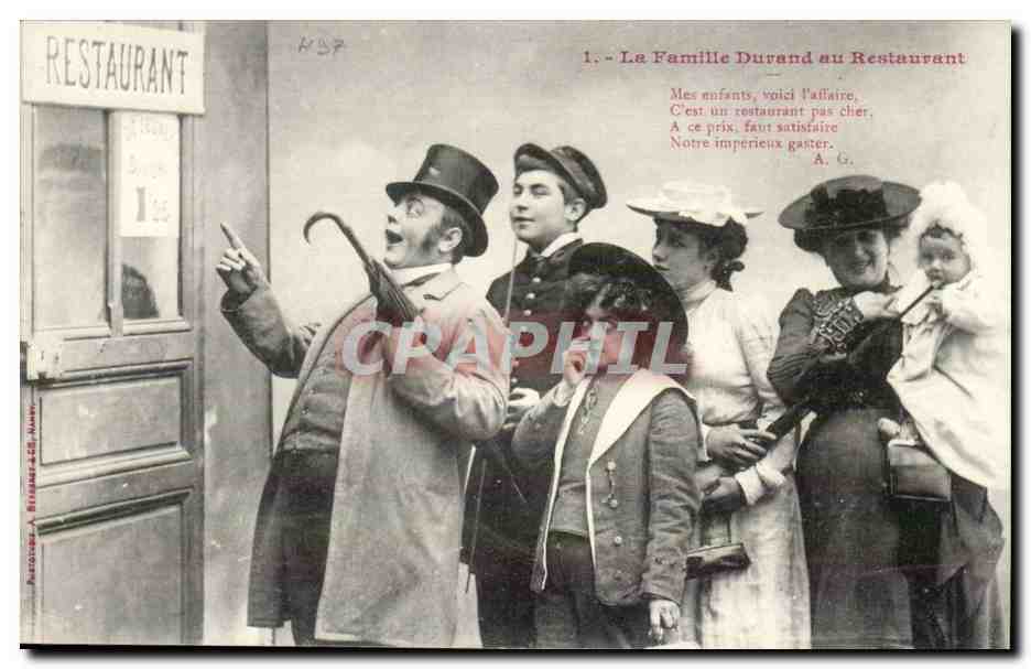 La Famille Durand au Restaurant — scène humoristique — éditeur Plécozou & Cie, Nancy