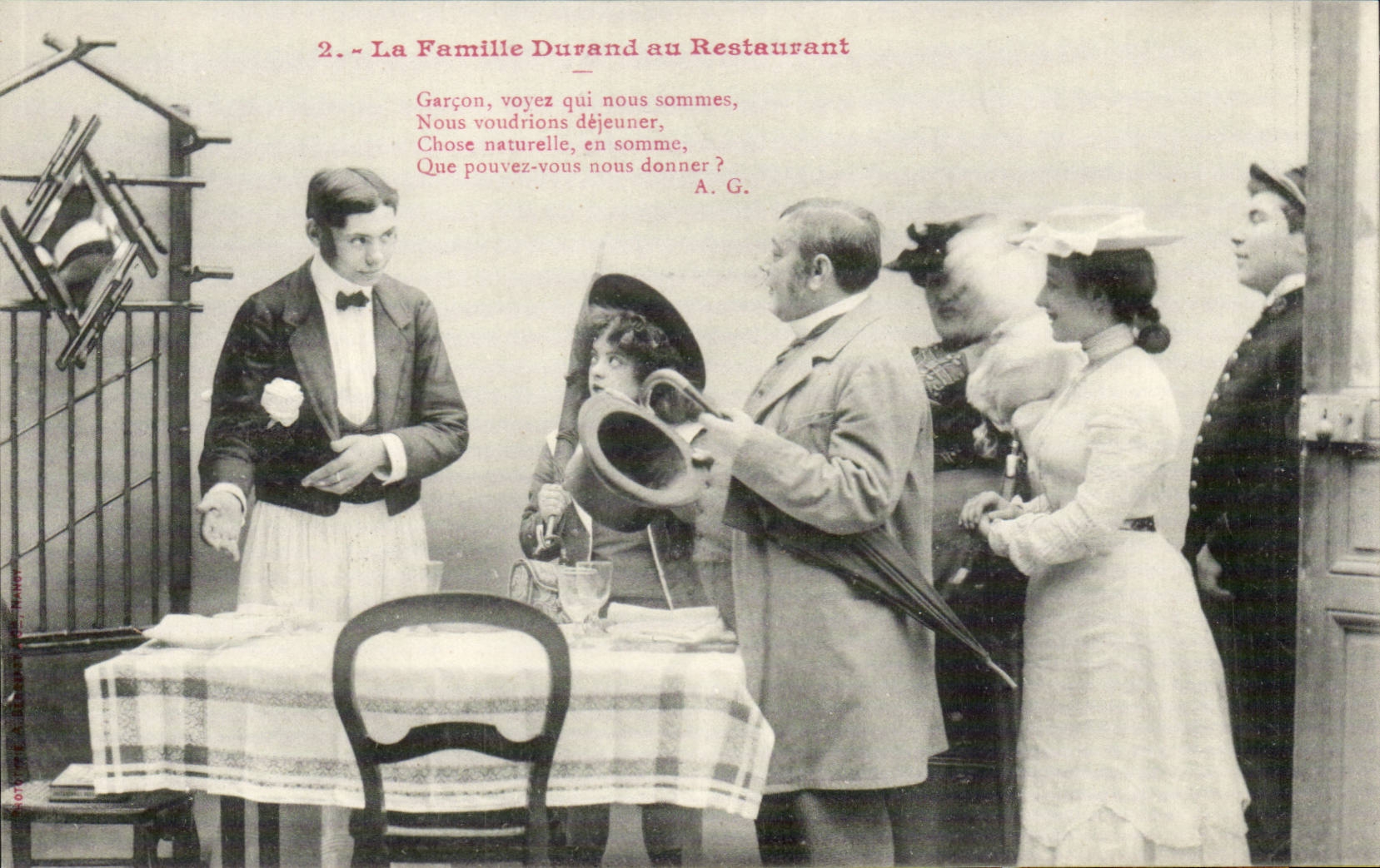 La Famille Durand au Restaurant — scène comique avec serveur et clients — A.G. (éditeur ?)