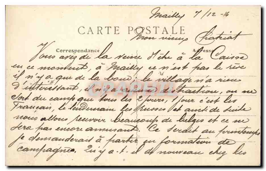 Militaria CAmp de Mailly CPA CAmpement d'artillerie — Rückseite