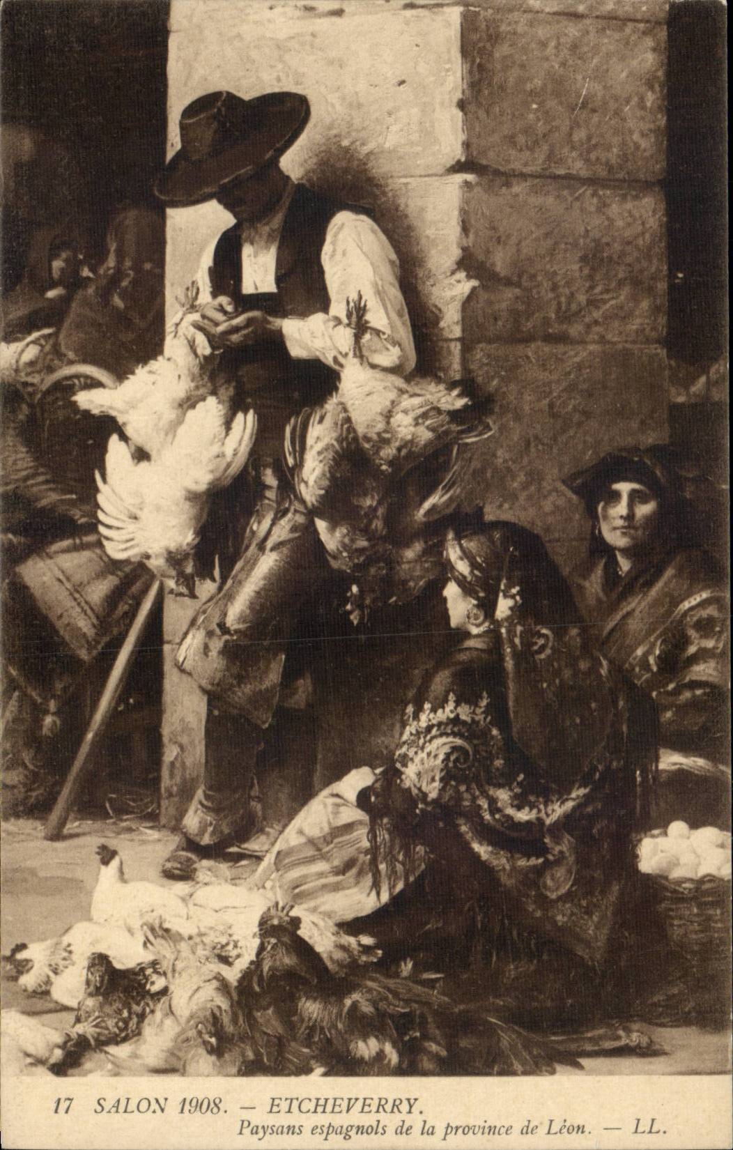 CPA Paris SAlon 1908 Societe des artistes francais Etcheverry Paysans espagnols de la Province de Leon (lion)