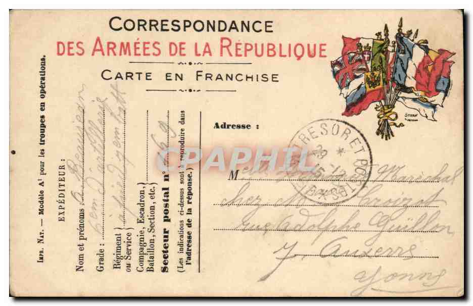 Correspondentie van de Arme van de Republiek — Ansichtkaart in vrijstelling — Uitgever: Straal (tekening) — Serie-nummer: Model A'