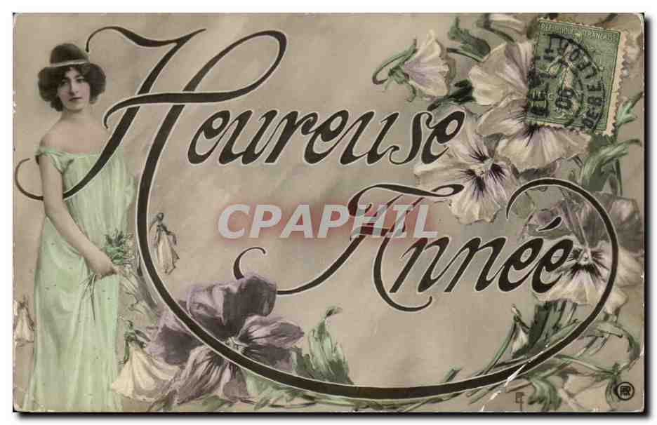 Femme en robe verte — 'Heureuse Année' — éditeur non visible
