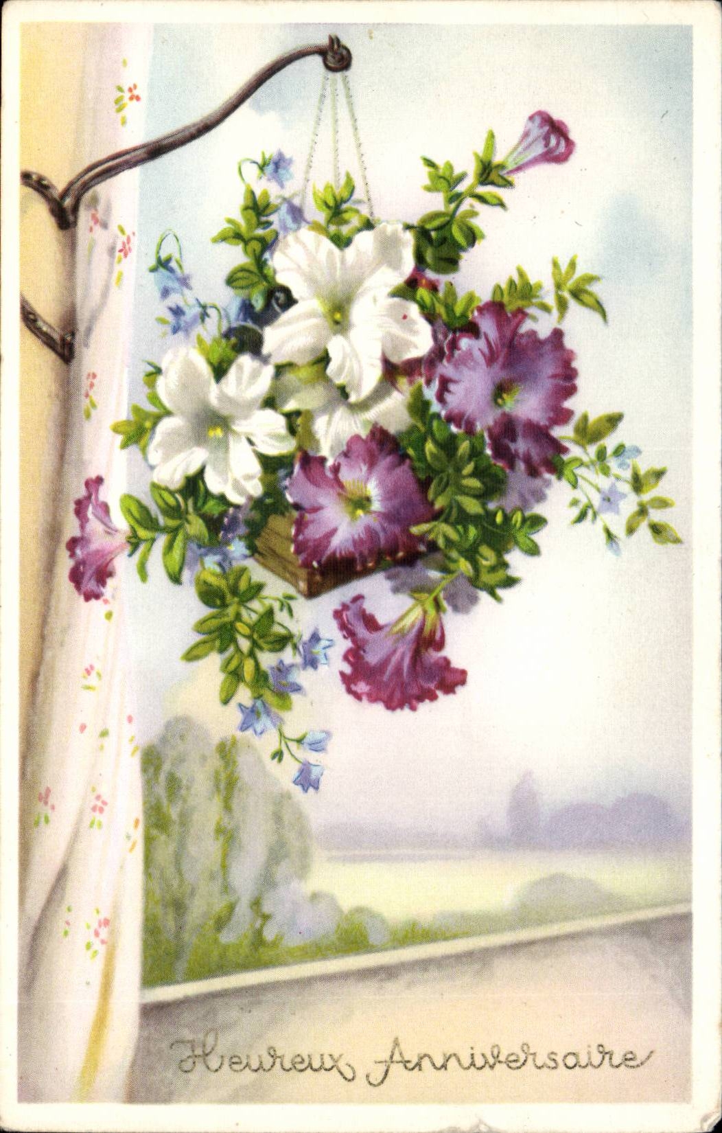 CPA FAntaisie Fleurs Heureux anniversaire
