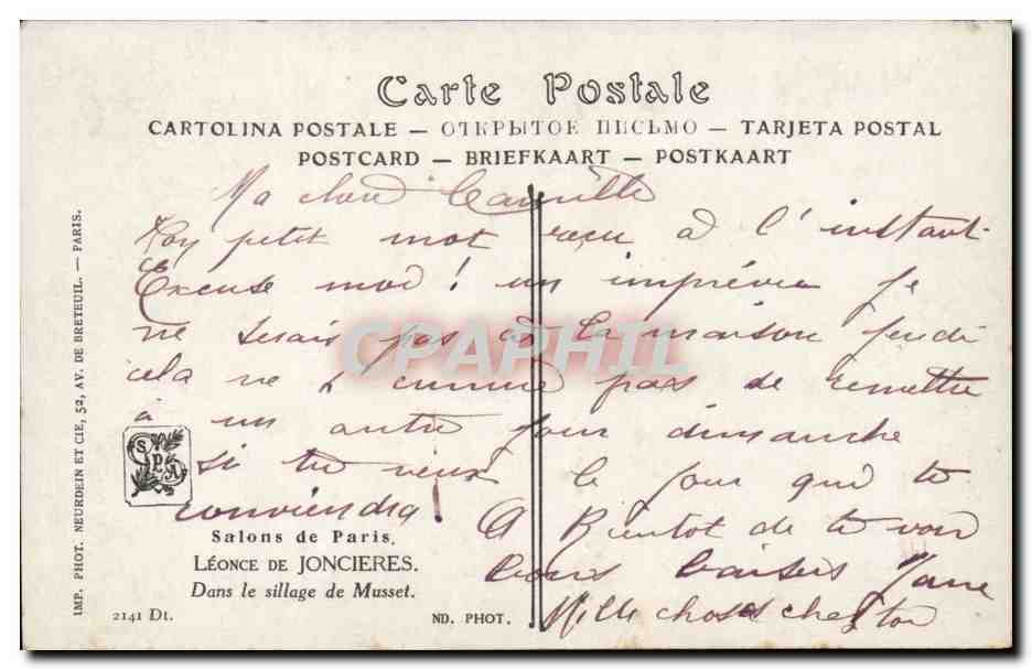 CPA Fantaisie SAlons de Paris Leonce de Joncieres Dans le sillage de Musset — Verso