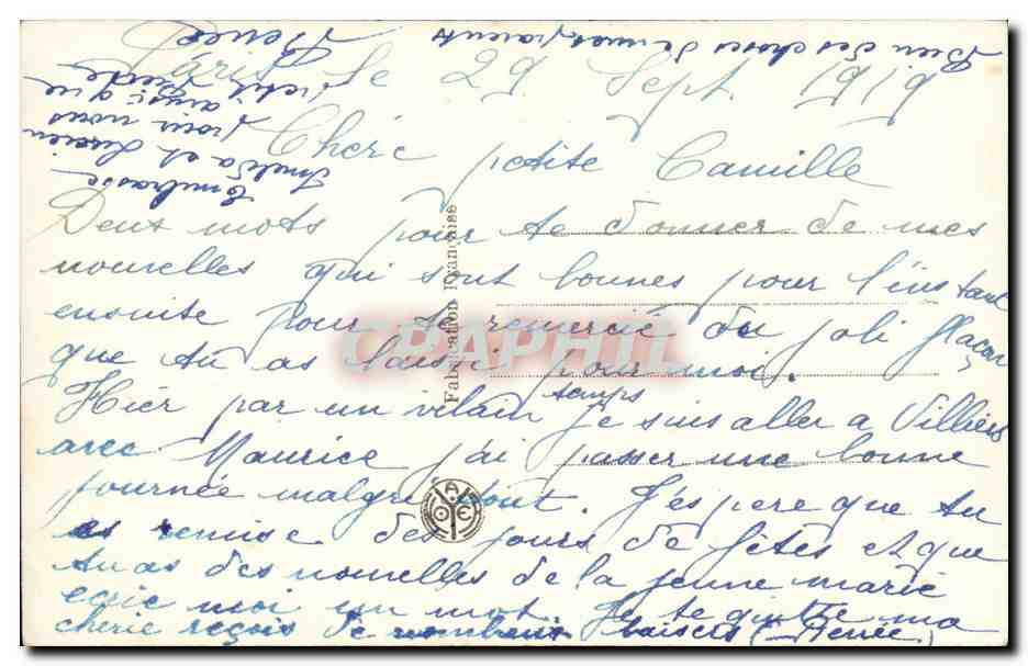 Jeune femme en robe bleue — avec bouquet de fleurs — éditeur T.A.T. n° 147 — Verso