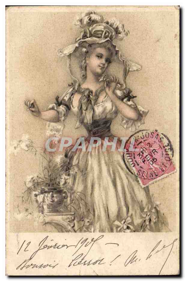 Jeune femme en robe de style ancien — illustration — éditeur inconnu
