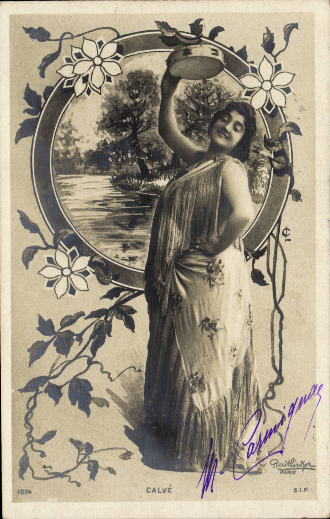 Vrouw in bloemkleding met een kom in de hand — Parijs — Reictlanger S.I.P. n° 1074