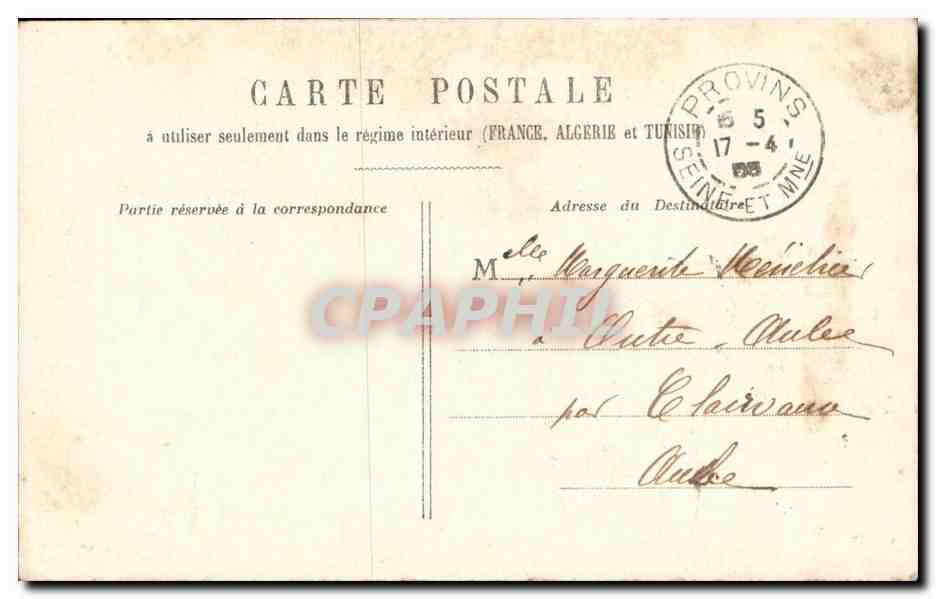 Homme en tablier tenant un poulet — texte humoristique — éditeur inconnu — Verso