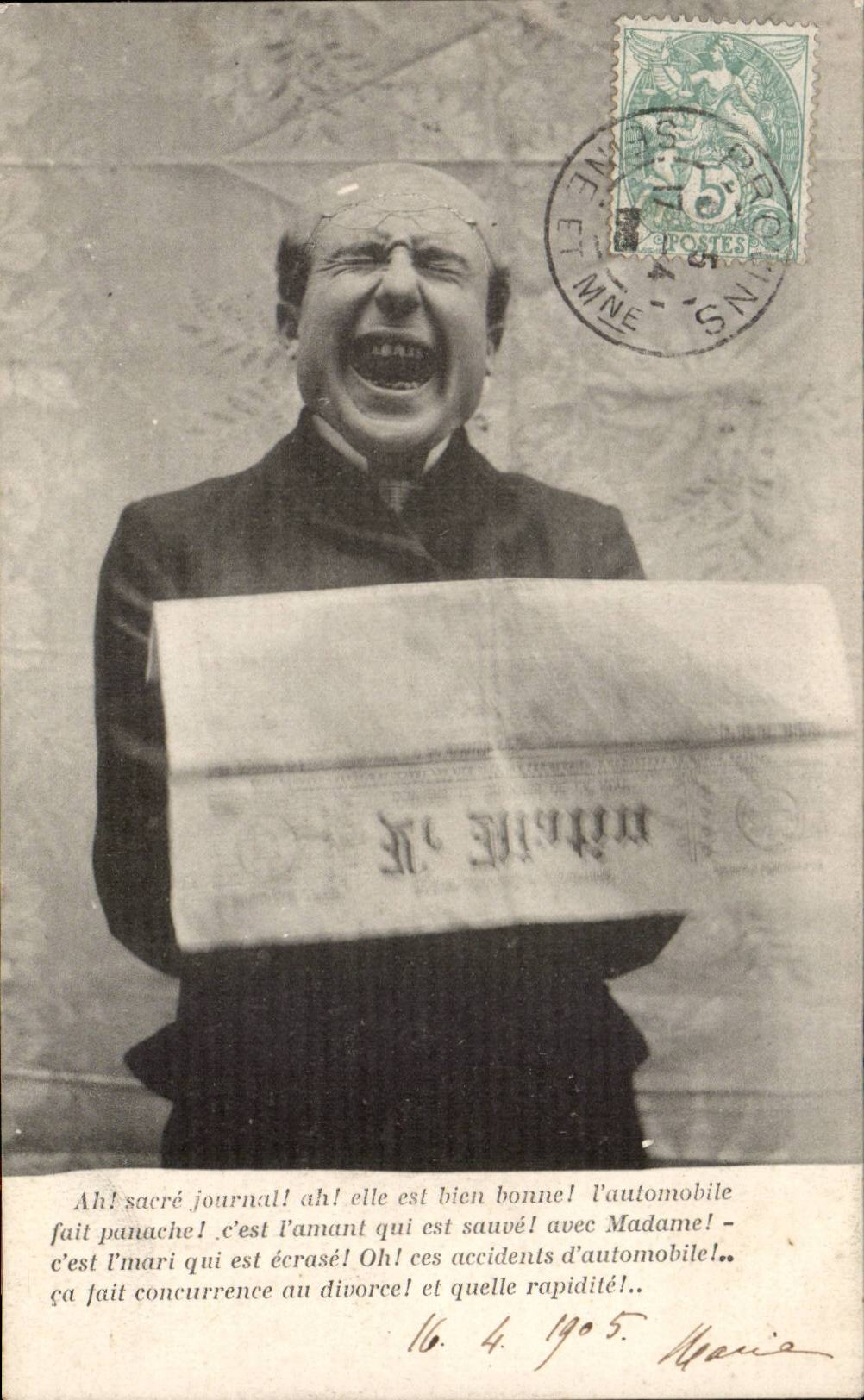 Homme criant avec un journal — caricature d'accidents automobiles — éditeur Maria, n°16