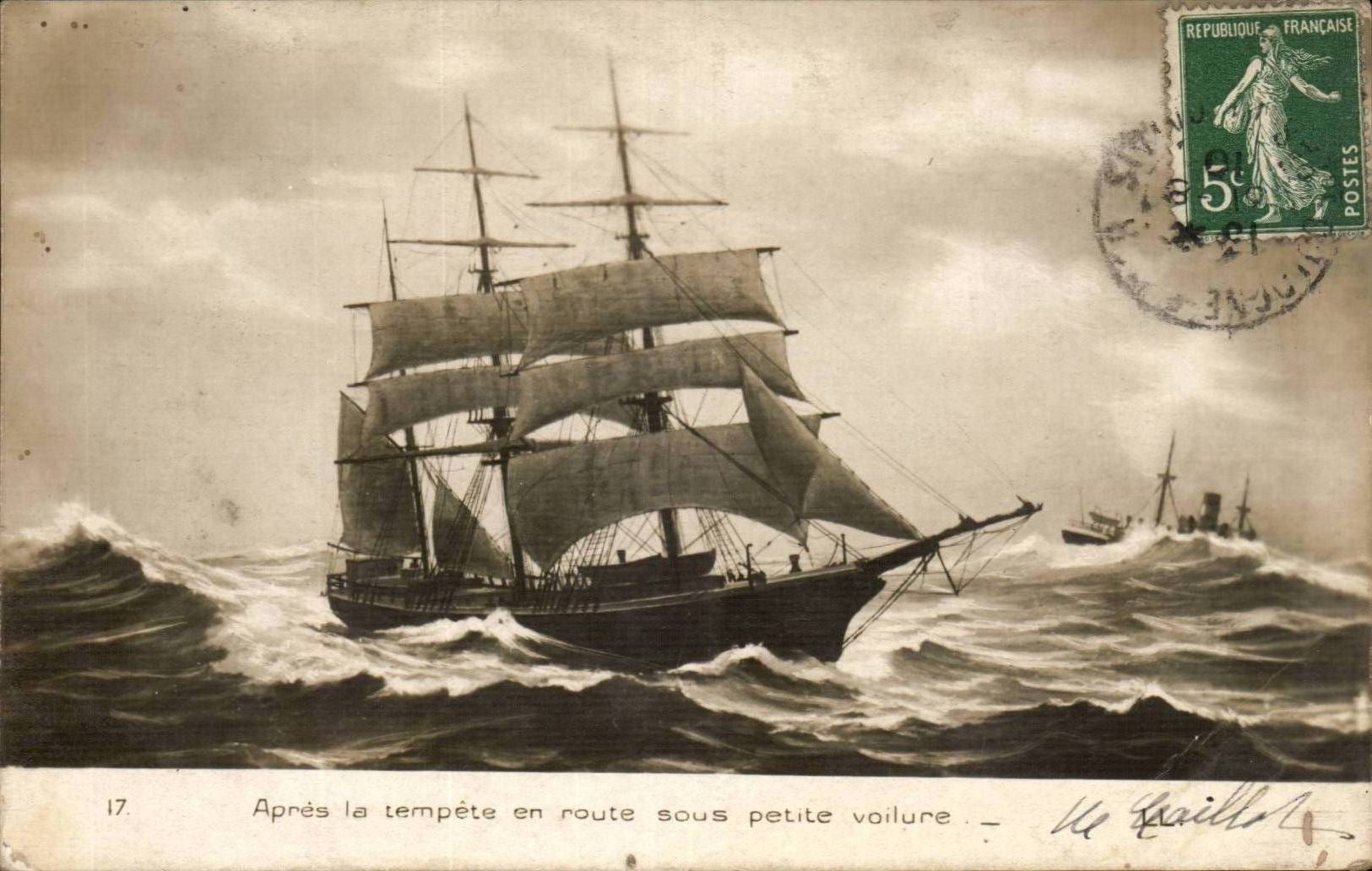 Apres le tempete en route sous petite voilure - voilier - bateau - CPA 