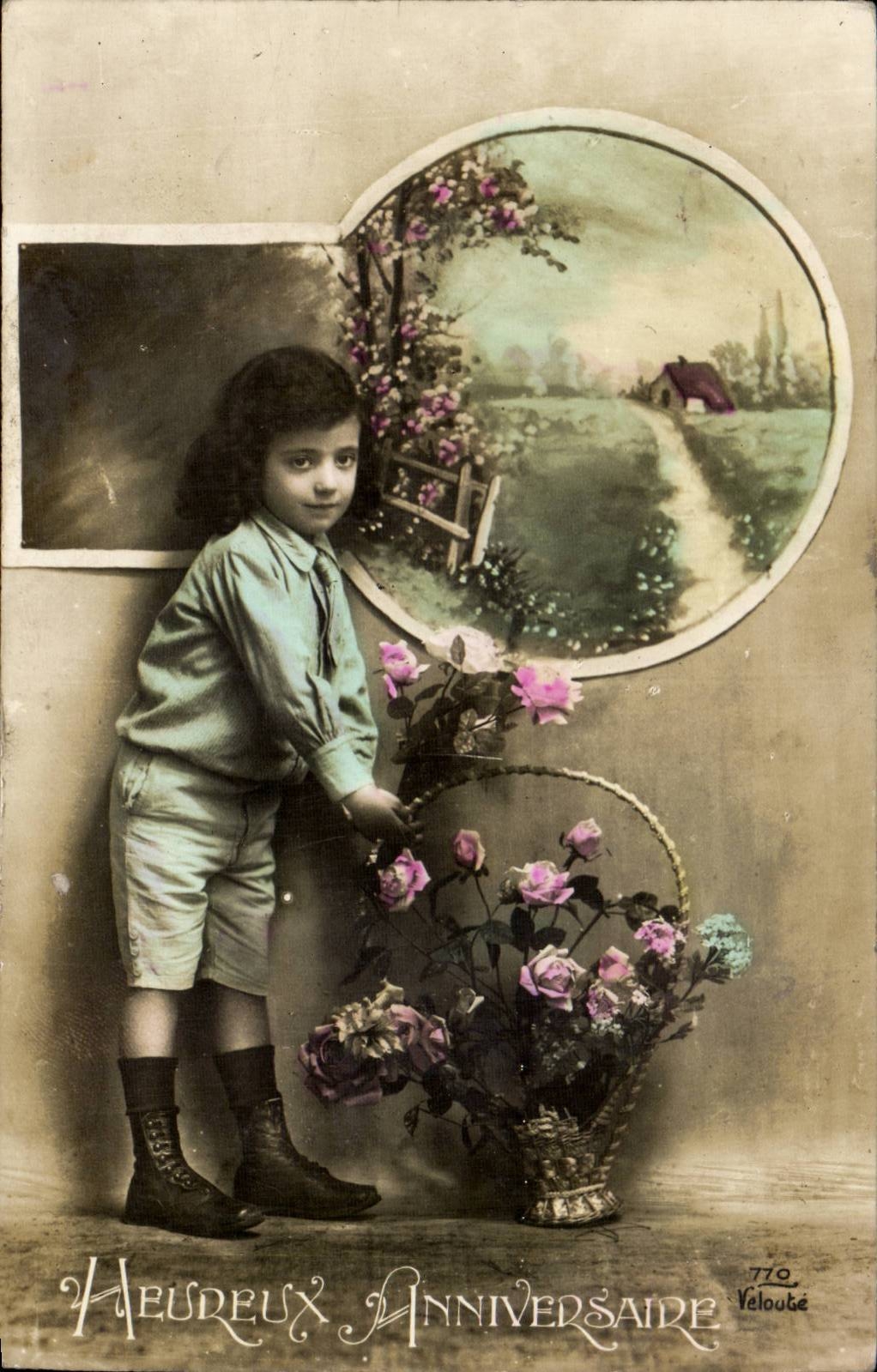 Enfant avec panier de roses — Heureux Anniversaire — Veloubé n°770