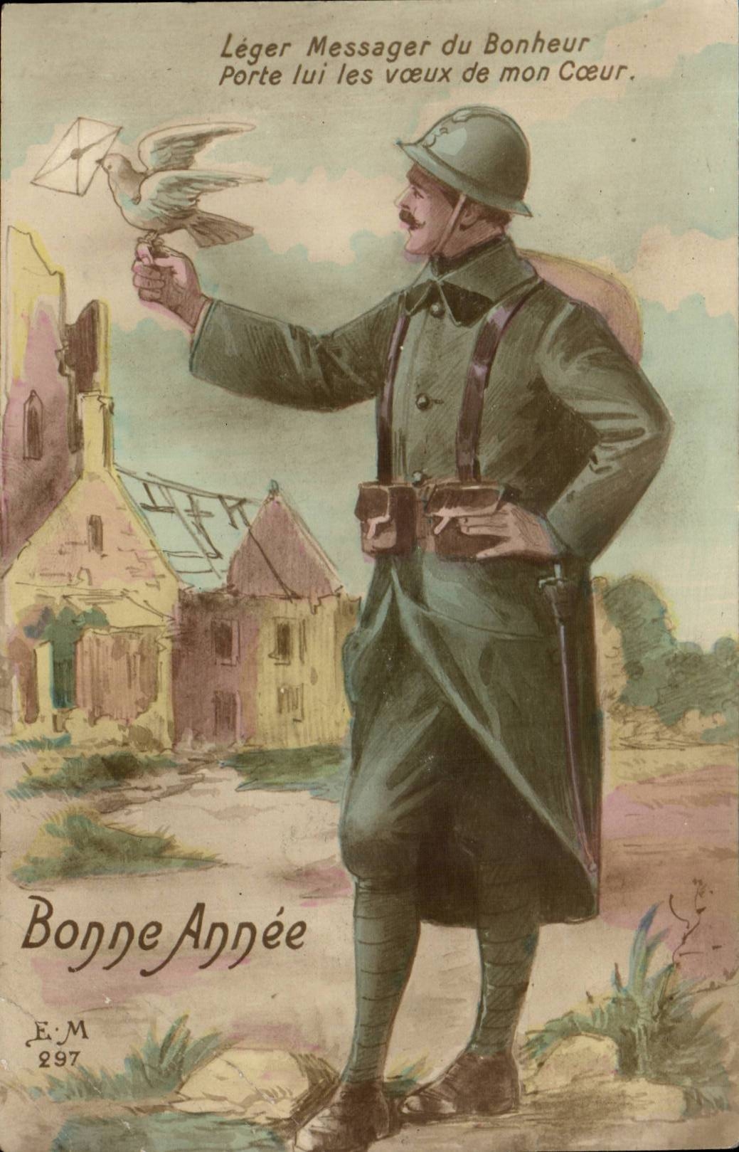 Soldat en uniforme — oiseau portant une lettre — souhaits de bonne année — E.M 297