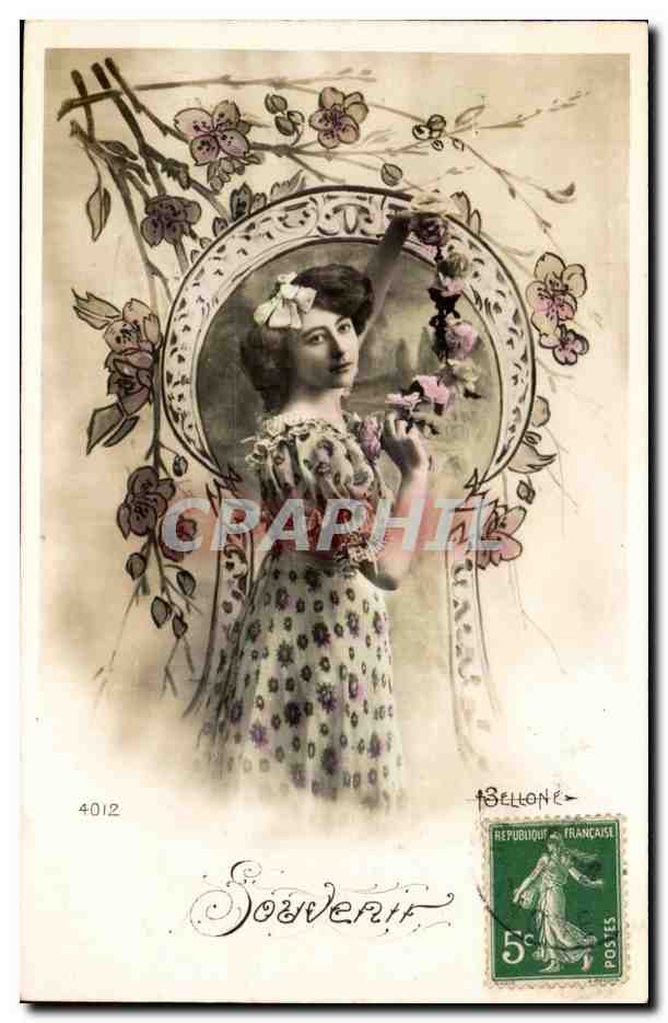 Femme en robe fleurie — décor floral Art Nouveau — Bellone n°4012
