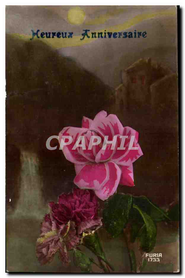 CPA Fantaisie Fantasy Heureux anniversaire Fleurs Rose