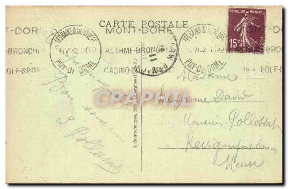 Der Dike von Verrières — Thermalroute von Auvergne, nahe Saint-Nectaire — J. Gonitefages, Verlag — Rückseite
