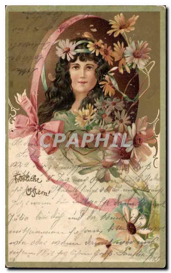 Jeune femme avec couronne de fleurs — carte postale multilingue — éditeur non identifié, n° de série 612