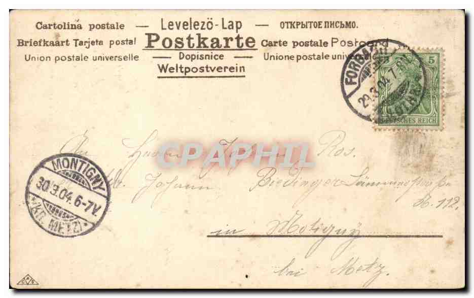 Jeune femme avec couronne de fleurs — carte postale multilingue — éditeur non identifié, n° de série 612 — Achterkant